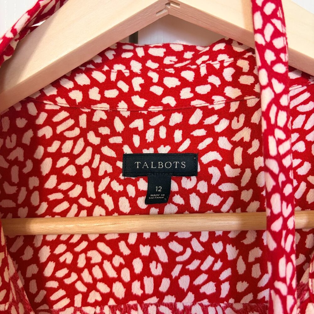 Talbots Red White Leopard Polka Dot Tie-Waist Midi Shirt Dress Size 12 - Picture 7 of 8